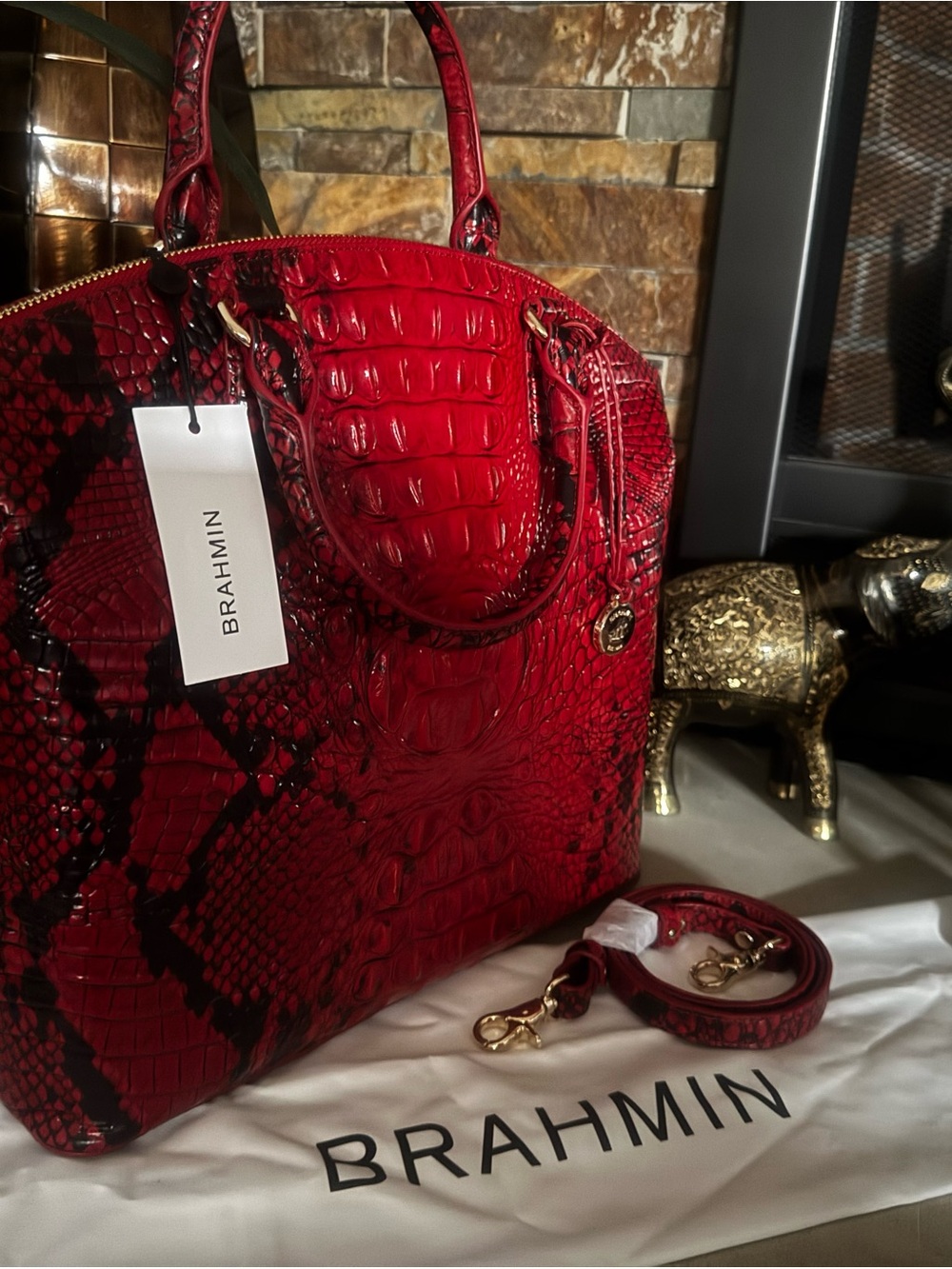 Brahmin Red and Black Croc-Embossed Satchel. Approx: 14.2" W X 12" H X 5" D - Picture 7 of 7